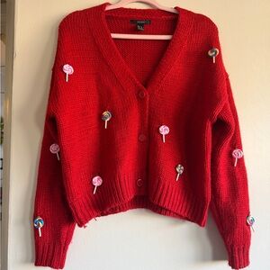 Forever 21 Red V-Neck Cardigan with Playful Lollipop accents